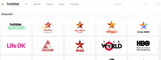 browse channels from menu on hotstar app or website