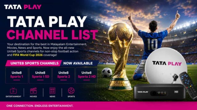 Tata Play Malayalam channel list with Unite8 Sports for Fifa 2026