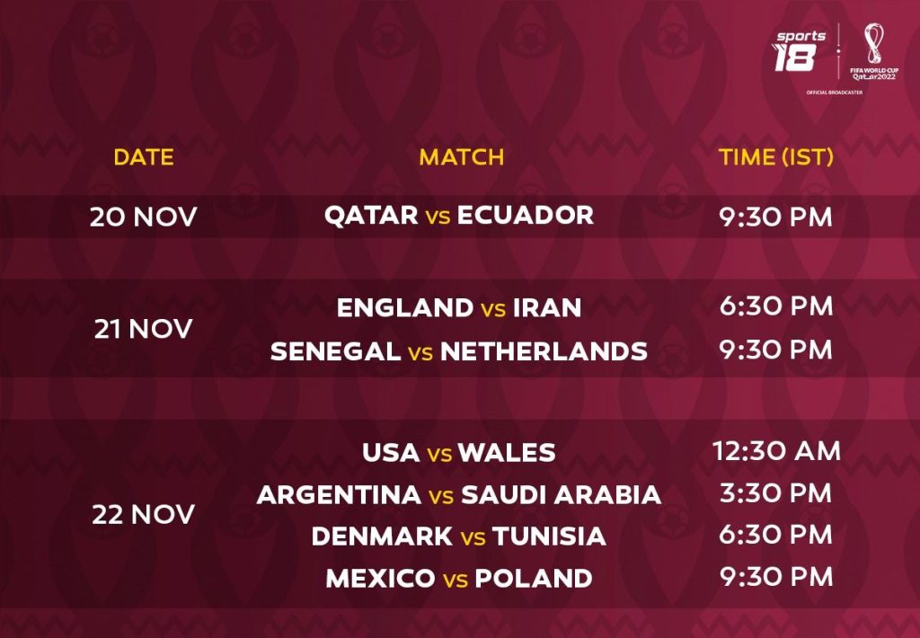 Sports 18 Channel Schedule 20th November Qatar Vs Ecuador Fifa 2022 Live