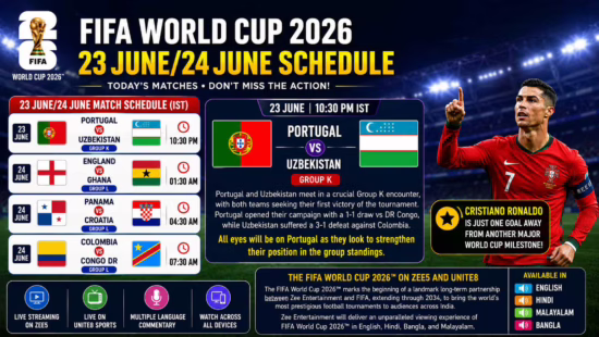 FIFA World Cup 2026 Schedule on Zee Keralam, Unite8 Sports and ZEE5 – 23 June/24 June