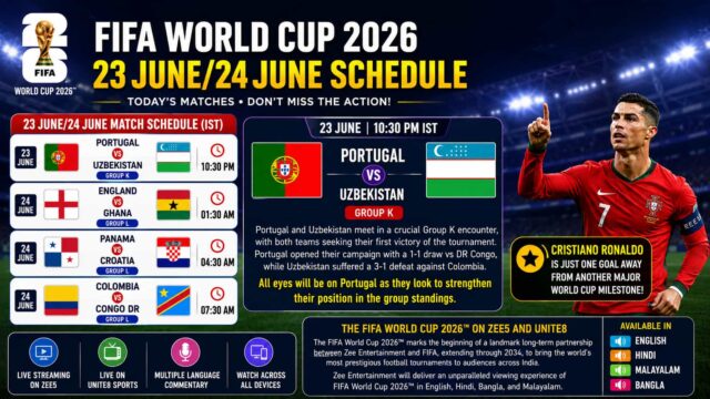 FIFA World Cup 2026 Schedule on Zee Keralam, Unite8 Sports and ZEE5 – 23 June/24 June FIFA World Cup 2026 Schedule on Zee Keralam, Unite8 Sports and ZEE5 – 23 June/24 June
