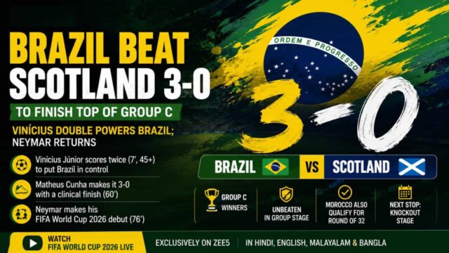 Brazil Beat Scotland 3-0 to Finish Top of Group C at FIFA World Cup 2026; Vinícius Jr Scores Twice as Neymar Returns