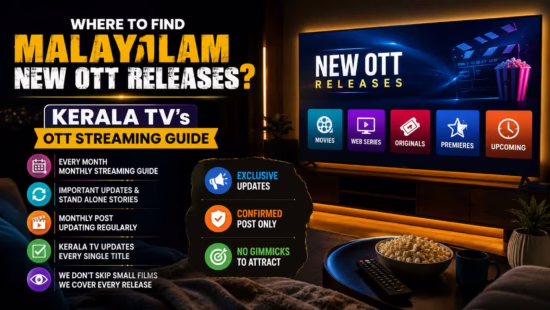 Malayalam OTT Streaming Guide featuring monthly streaming calendar, official release updates, and new Malayalam OTT releases.
