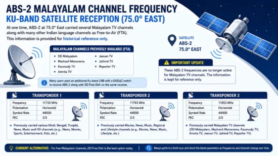 ABS-2 Malayalam Channel Frequency - Historical Ku-Band Reception Guide (75.0°E) ABS-2 Malayalam Channel Frequency - Historical Ku-Band Reception Guide (75.0°E)