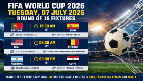 Argentina vs Egypt and Other Tuesday, 07 July 2026 FIFA World Cup Fixtures - Watch Malayalam Commentary Live on ZEE5