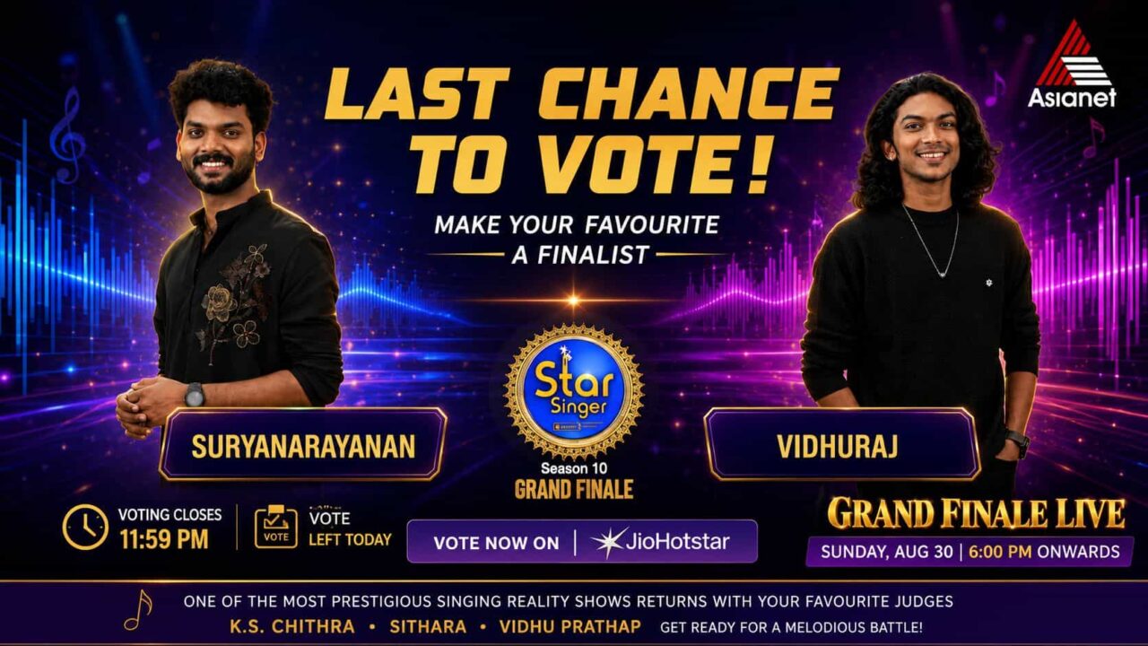 Star Singer Season 10 Malayalam on Asianet, Last Chance to Vote for Suryanarayanan and Vidhuraj Ahead of Grand Finale Star Singer Season 10 Malayalam on Asianet, Last Chance to Vote for Suryanarayanan and Vidhuraj Ahead of Grand Finale