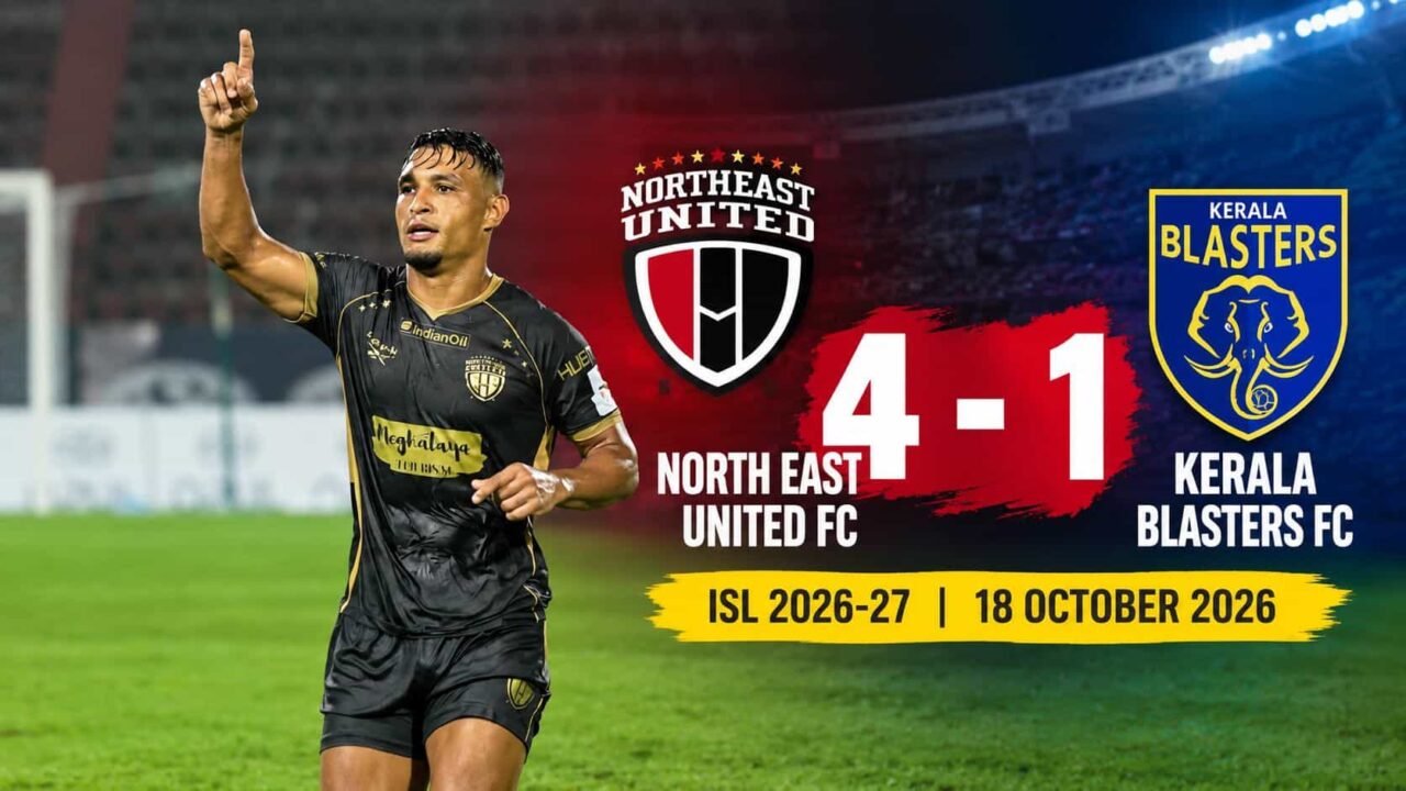 NorthEast United FC defeat Kerala Blasters FC 4-1 in ISL 2026-27 at Guwahati with Alaaeddine Ajaraie scoring twice NorthEast United FC defeat Kerala Blasters FC 4-1 in ISL 2026-27 at Guwahati with Alaaeddine Ajaraie scoring twice