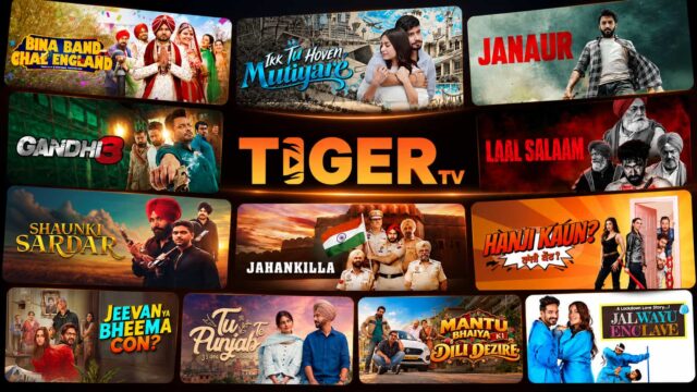 Tiger TV by Lionsgate Play featuring upcoming Punjabi and Hindi movies and web series including Daanav, Eklavya, Laal Salaam and Hanji Kaun